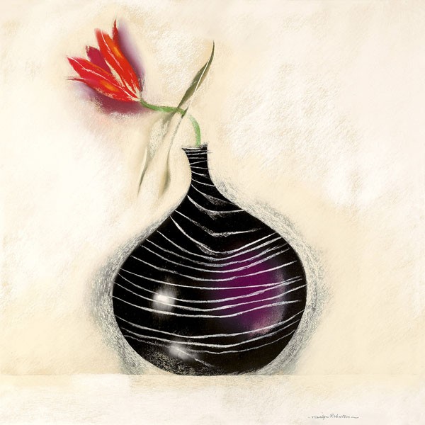 Marilyn Robertson, TUPE IN SCHWARZER VASE II (Malerei, Stillleben, Blume, Tulpe, Blüte, Vase, modern, dekorativ, Wunschgröße, Schlafzimmer, Treppenhaus, Wohnzimmer, bunt)