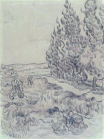 Vincent van Gogh, Paysage avec cyprès. Landschaft mit Zypressen und vier Landarbeitern. 1889 (Gogh,Vincent van,1853-1890,Essen,Museum Folkwang,Schwarze Kreide,Gogh,Vincent van Gogh)