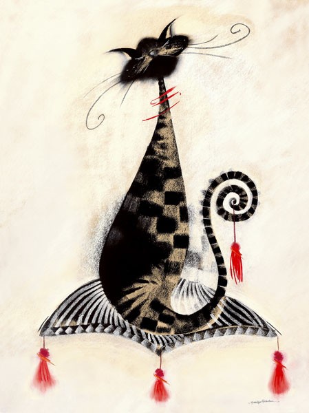 Marilyn Robertson, THOMAS DIE KATZE (Grafik, Kater, Kissen, Troddel, Eleganz, witzig, dekorativ, modern, Schlafzimmer, Treppenhaus, Wohnzimmer, Jugendzimmer, bunt)