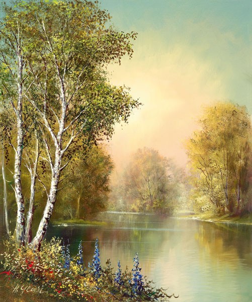 Helmut Glassl, JOSEF'S LIEBLINGSBILD I (Malerei, Landschaften, Natur, See, Birken, Idylle, Ruhe, Bäume, Frühling, Blumen, Nostalgie, Wohnzimmer, Treppenhaus, Wunschgröße, bunt)