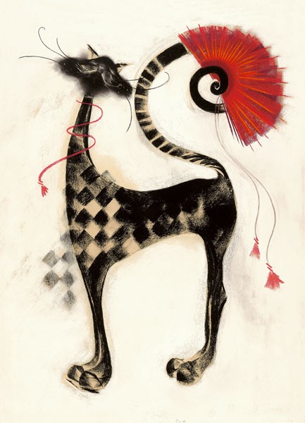 Marilyn Robertson, SEBASTIAN DIE KATZE (Grafik, Kater, Fächer, Chameur, Eleganz, witzig, dekorativ, modern, Schlafzimmer, Treppenhaus, Wohnzimmer, Jugendzimmer, bunt)