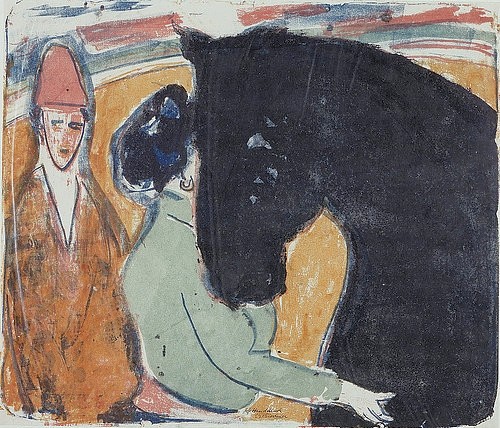 Ernst Ludwig Kirchner, Rappenhengst, Reiterin und Clown. (Essen,Museum Folkwang,Kirchner,Ernst Ludwig,1880-1938,Kirchner,Ernst Ludwig Kirchner,frau,manege,zirkus,pferd)