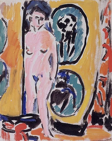 Ernst Ludwig Kirchner, Nacktes Mädchen vor gemustertem Vorhang. Um 1908 (Essen,Museum Folkwang,Kirchner,Ernst Ludwig,1880-1938,Gouache,Kirchner,Ernst Ludwig Kirchner,akt,nackt,frau)