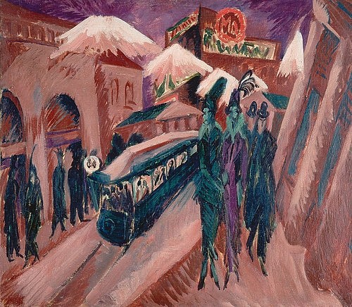 Ernst Ludwig Kirchner, Leipziger Strasse mit elektrischer Bahn. 1914 (Expressionismus,auf Lwd.,Öl und Mischtechnik,20. Jahrhundert,1880-1938,Kirchner,Ernst Ludwig,Essen,Museum Folkwang,Kirchner,Ernst Ludwig Kirchner,Berlin,Straße,Straßenszene,Nachtleben,Metropole,Großstadt,Transport,Berliner,Boulevard,Straßenbahn,Straßenlat)