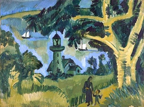 Ernst Ludwig Kirchner, Leuchtturm auf Fehmarn. 1912. (Essen,Museum Folkwang,Kirchner,Ernst Ludwig,1880-1938,Kirchner,Ernst Ludwig Kirchner,landschaft,wald,ostsee,meer,segelboot,frau,kind,natur,idylle,baum)