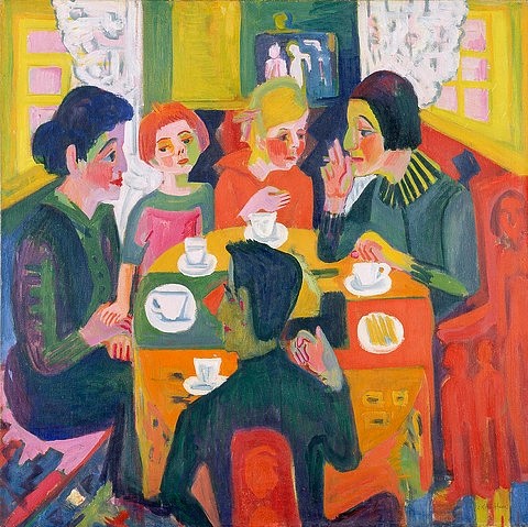 Ernst Ludwig Kirchner, Kaffeetisch. 1923/24 (Öl auf Leinwand,Expressionismus,20. Jahrhundert,1880-1938,Kirchner,Ernst Ludwig,Essen,Museum Folkwang,Kirchner,Ernst Ludwig Kirchner,Kaffeetisch,Tisch,Frauen,Frau,Mann,Kinder,Kaffee trinken,Kaffeetassen,sich unterhalten,Unterhaltung,Gruppe,farbenfroh,Nach)