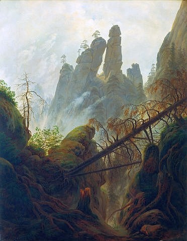 Caspar David Friedrich, Felsenschlucht. 1822/23 (Friedrich,Caspar David,1774-1840,Wien,Österreichische Galerie Belvedere,Öl auf Leinwand,Berge,Sachsen,Friedrich, Caspar David Friedrich,19. Jahrhundert,Romantik,romantisch,Deutschland,Landschaft,Natur,imposant,Felsen,Fels,Felsenpartie,Elbsandsteingebirge,)