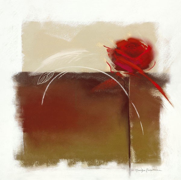 Marilyn Robertson, MOCHA IV (Malerei, Rose, stilisiert, Blume, Blüte, modern, dekorativ, Wunschgröße, Schlafzimmer, Treppenhaus, Wohnzimmer, bunt)