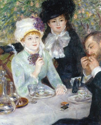 Pierre-Auguste Renoir, Nach dem Mittagessen (La fin du Déjeuner). 1879 (Garten, Esstisch, Restaurant, Gedecke, Mahlzeit, Essen, Personen, Frauen, Mann, Raucher, Gesellschaft, Impressionismus, klassische Moderne, Wunschgröße, Wohnzimmer, Malerei)