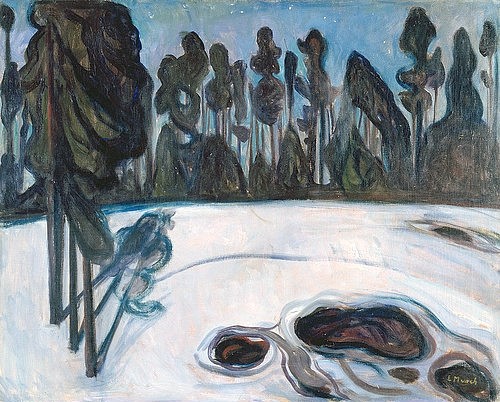 Edvard Munch, Stjernenatt. / Sternennacht. 1901. (Essen,Museum Folkwang,Munch,Edvard,1863-1944,Öl auf Leinwand,Folkwang Museum,Folkwang,landschaft,winterlandschaft,schneelandschaft,schnee,winter,bäume,natur,menschenleer)