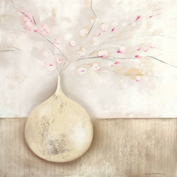 Marilyn Robertson, ALMOND BLOSSOM II (Malerei, Stillleben, Zweige, Blütenzweige, Vase, modern, dekorativ, Wunschgröße, Schlafzimmer, Treppenhaus, Wohnzimmer, blass/pastell)