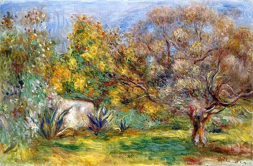 Pierre-Auguste Renoir, Garten mit Olivenbäumen (Jardin d'oliviers). Um 1910 (Landschaft, Garten, Olivenhain,  Vegetation, mediterran, Impressionismus, klassische Moderne, Wunschgröße, Wohnzimmer, Malerei)