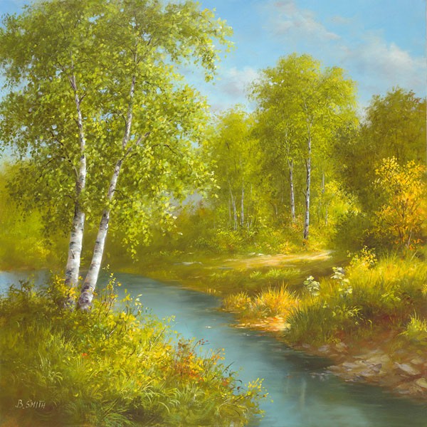 B. Smith, EARLY SUMMER (Landschaften, Bäume, Birken, Bach, Sommer, Idylle, Malerei, Wohnzimmer, Treppenhaus, Wunschgröße, bunt)