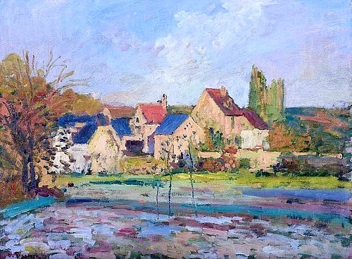 Camille Pissarro, Landschaft bei Pontoise. (Landschaft, Landschaftsmalerei, Dorf, Frankreich, Häuser, Gärten, Impressionismus, Klassische Moderne, Wohnzimmer, Wunschgröße)