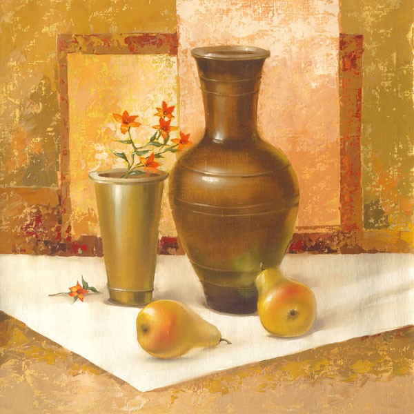 Babichev, STILL LIFE WITH PEARS (Malerei, modern, Stillleben, Tisch, Birnen, Blüten,  Blumenvase, Farbfelder, dekorativ, Wunschgröße, Esszimmer, Küche, Wohnzimmer, Wunschgröße, bunt)