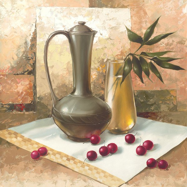 Babichev, STILL LIFE WITH CHERRIES (Malerei, modern, Stillleben, Tisch, Zinnkrug, Beeren, Blumenvase, Farbfelder, Mauerwerk, dekorativ, Wunschgröße, Esszimmer, Küche, Wohnzimmer, Wunschgröße, bunt)