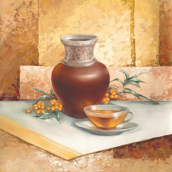 Babichev, STILL LIFE WITH TEA (Malerei, modern, Stillleben, Tisch, Sanddorn, Beeren, Blumenvase, Farbfelder, Mauerwerk, dekorativ, Wunschgröße, Esszimmer, Küche, Wohnzimmer, Wunschgröße, bunt)