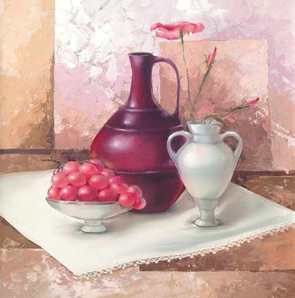 Babichev, STILL LIFE WITH VASES (Malerei, modern, Stillleben, Tisch, Trauben, Silberschale, Mohnblüten, Blumenvasen, Farbfelder, Mauerwerk, dekorativ, Wunschgröße, Esszimmer, Küche, Wohnzimmer, Wunschgröße, bunt)