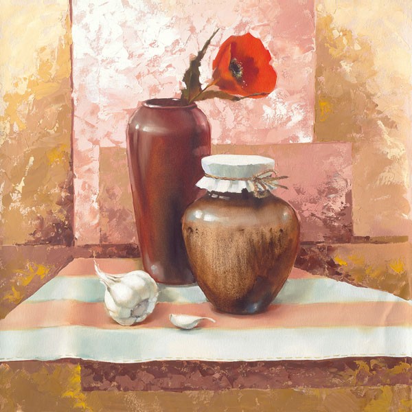 Babichev, STILL LIFE WITH RED POPPIES (Malerei, modern, Stillleben, Tisch, Knoblauchknolle, Mohnblüte, Blumenvase, Farbfelder, Mauerwerk, dekorativ, Wunschgröße, Esszimmer, Küche, Wohnzimmer, Wunschgröße, bunt)