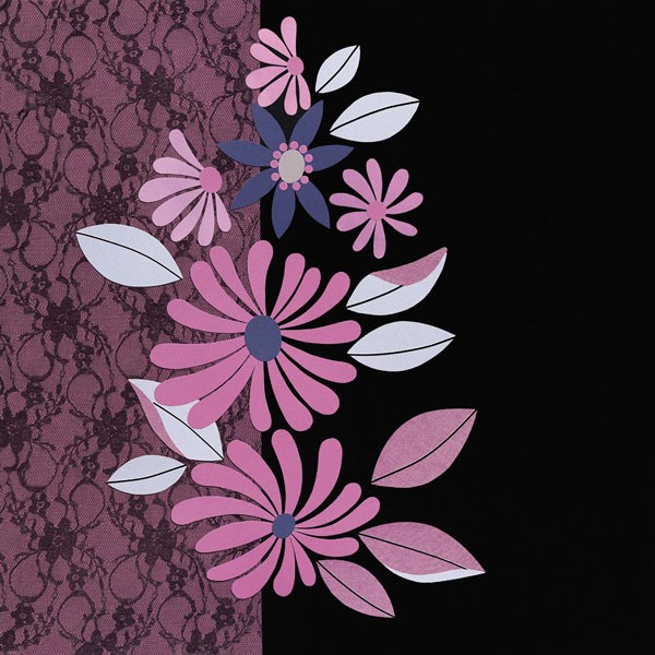 Design Show, LUSCIOUS LACE I (Retro, Vintage, Grafik, Blumen, Blüten, flower power, Muster, dekorativ, Sechziger Jahre, Wunschgröße, Wohnzimmer, Treppenhaus, lila/schwarz)