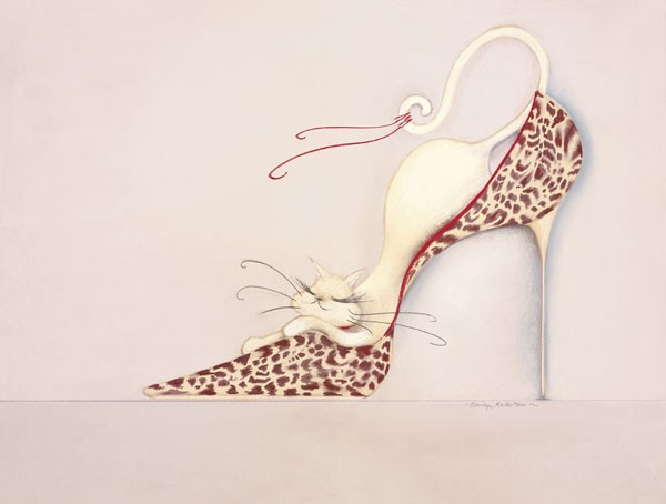 Marilyn Robertson, THE PURRFECT FIT II (Grafik, Katze, Eleganz,  Diva, weiße Katze, Schuh, Pumps, High Heels, dekorativ, Schlafzimmer, Treppenhaus, Wohnzimmer,  Bistro, bunt)