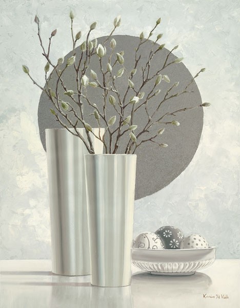 Karin v.d. Valk, SILVER INSPIRATION II (Stillleben, Blumenvasen, Blüten, Blütenzweige, steril, glatt, kühl, modern, Wunschgröße, Grafik, Treppenhaus, Wohnzimmer, silber)