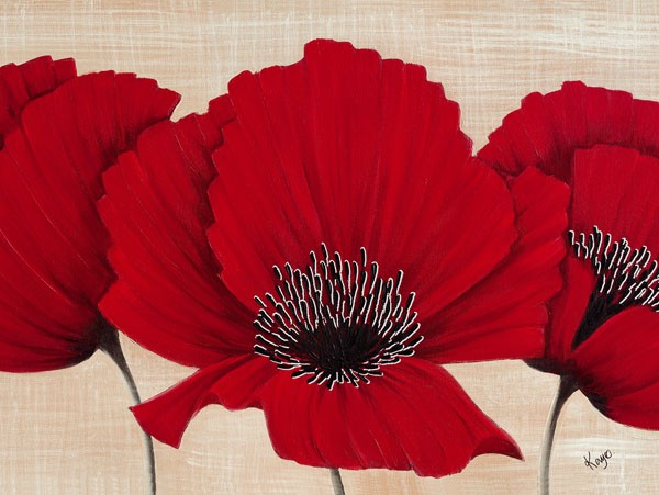 Kaye Lake, LINEN POPPY (Blume, Blüten, Mohnblüten, Botanik, Natur, Wohnzimmer, Treppenhaus, Schlafzimmer, Malerei, Zeitgenössisch, Wunschgröße, rot)
