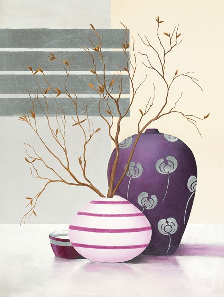 David Sedalia, PURPLE TEMPTATION I (Stillleben, Eleganz, edel, Schale, Vase, Zweige, trocken, Wohnzimmer, Esszimmer, Treppenhaus, Wunschgröße, lila/Pastell)