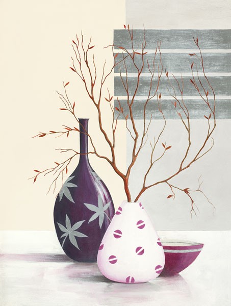 David Sedalia, PURPLE TEMPTATION II (Stillleben, Eleganz, edel, Schale, Vase, Zweige, trocken, Wohnzimmer, Esszimmer, Treppenhaus, Wunschgröße, lila/Pastell)