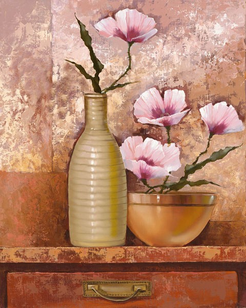 Babichev, COTTAGE KITCHEN II (Malerei, modern, Stillleben, Tisch, Blumenvase, Blüten, rosa Mohnblumen, Mauerwerk, Farbfelder,  dekorativ, Wunschgröße, Esszimmer, Küche, Wohnzimmer, Wunschgröße, bunt)