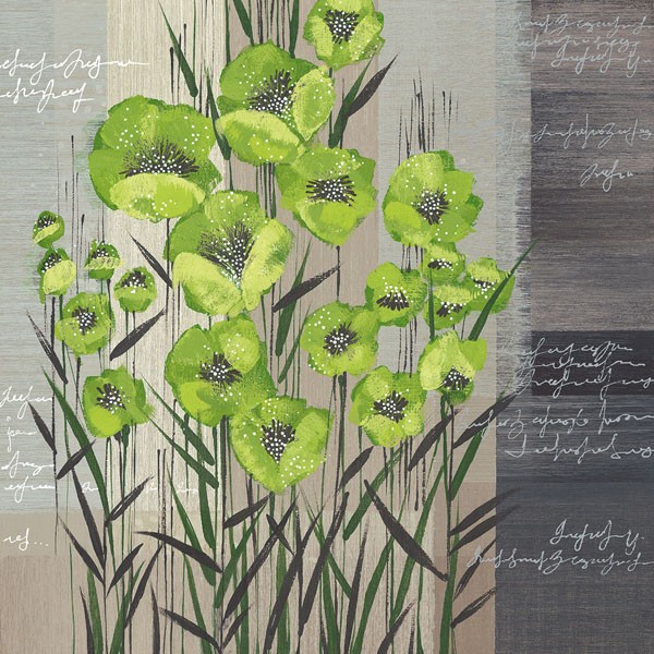 Christina, SPRING PLAY I (Blumen, Blüten, Mohn, Schriftzug, modern, dekorativ, Treppenhaus,  Wohnzimmer, Wunschgröße, Malerei, grün / beige)