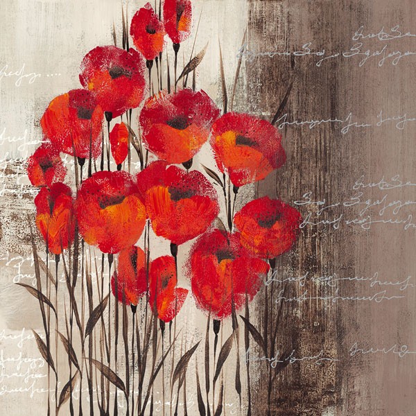Christina, CRIMSON PLAY I (Blumen, Blüten, Mohn, Klatschmohn, Schriftzug, modern, dekorativ, Treppenhaus,  Wohnzimmer, Wunschgröße, Malerei, scharlachrot / beige)