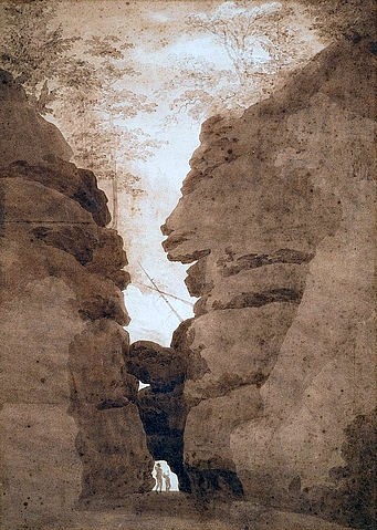 Caspar David Friedrich, Das Felsentor im Uttewalder Grund. 1800 (19. Jahrhundert,Romantik,Graphische Sammlung,auf Papier,Sepia,1774-1840,Friedrich,Caspar David,Essen,Museum Folkwang,Folkwang Museum,Folkwang,Felsen,Felsentor,Felsschlucht,Schlucht,Sepia,Sächsische Schweiz,Sachsen,monumental,Natur)