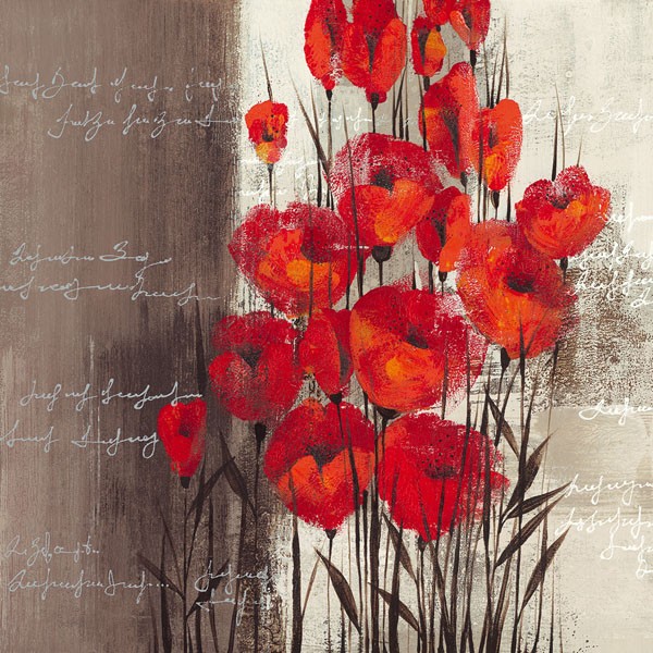 Christina, CRIMSON PLAY II (Blumen, Blüten, Mohn, Klatschmohn, Schriftzug, modern, dekorativ, Treppenhaus,  Wohnzimmer, Wunschgröße, Malerei, scharlachrot / beige)