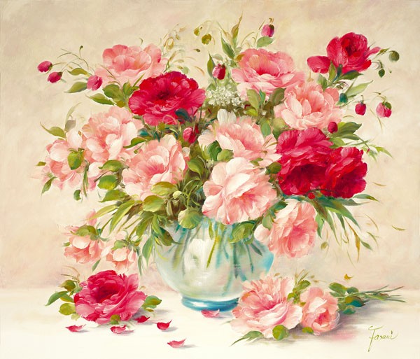 Fasani, MEDLEY WITH ROSES (Malerei, Stillleben, Blumen, Rosen, Floral, Blüten, üppig, Vase, Blumenvase, Schlafzimmer, Treppenhaus, Esszimer, Wunschgröße, bunt)