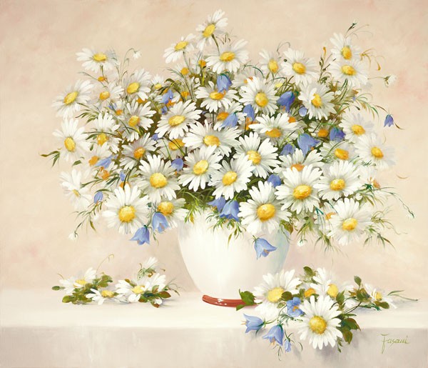 Fasani, MEDLEY WITH DAISIES (Malerei, Stillleben, Blumen, Gänseblümchen, Floral, Blüten, üppig, Vase, Blumenvase, Wohnzimmer, Schlafzimmer, Treppenhaus, Esszimer, Wunschgröße, bunt)