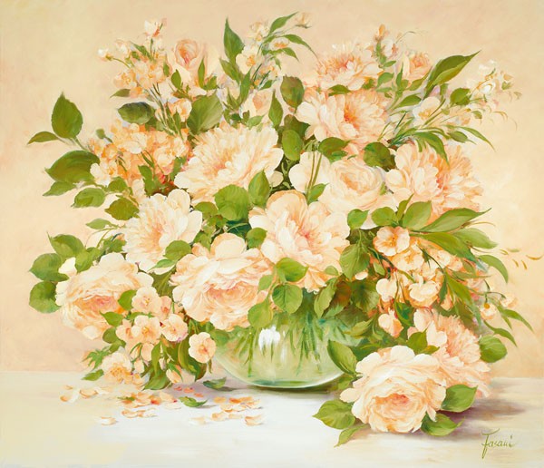 Fasani, MEDLEY IN PASTEL (Malerei, Stillleben, Blumen, Rosen, Floral, Blüten, üppig, Vase, Blumenvase, Wohnzimmer, Schlafzimmer, Treppenhaus, Esszimer, Wunschgröße, bunt)