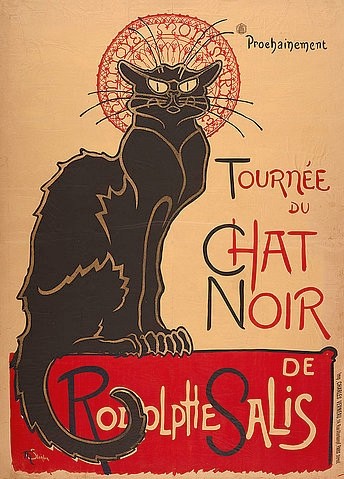 Théophile-Alexandre Steinlen, Tournée du Chat Noir de Rodolphe Salis (1. Fassung). Frankreich 1896, Charles Vernaux, Paris. (Art Nouveau, Jugendstil, Katze, schwarze Katze, Paris, Montmatre, Kabarett, Plakatkunst, Malerei, Wohnzimmer, Treppenhaus, Wunschgröße, bunt)