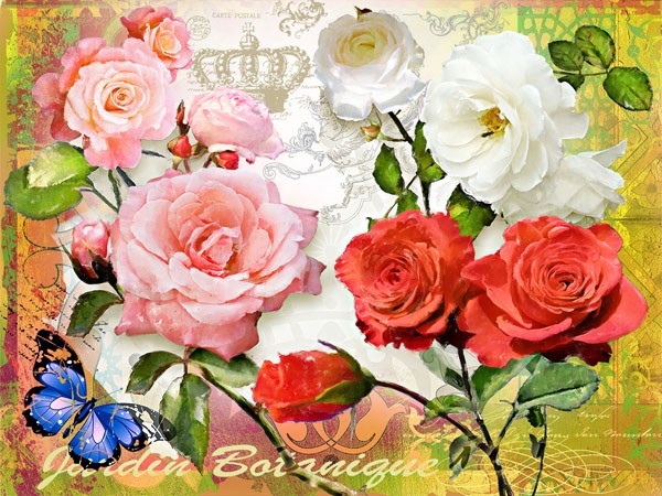 Isa Florenti, JARDIN BOTANIQUE (Blumen, Blüten, Rosen, Schmetterling, Ornamente, romantisch, Nostalgie, Wunschgröße, Schlafzimmer, Treppenhaus, bunt)