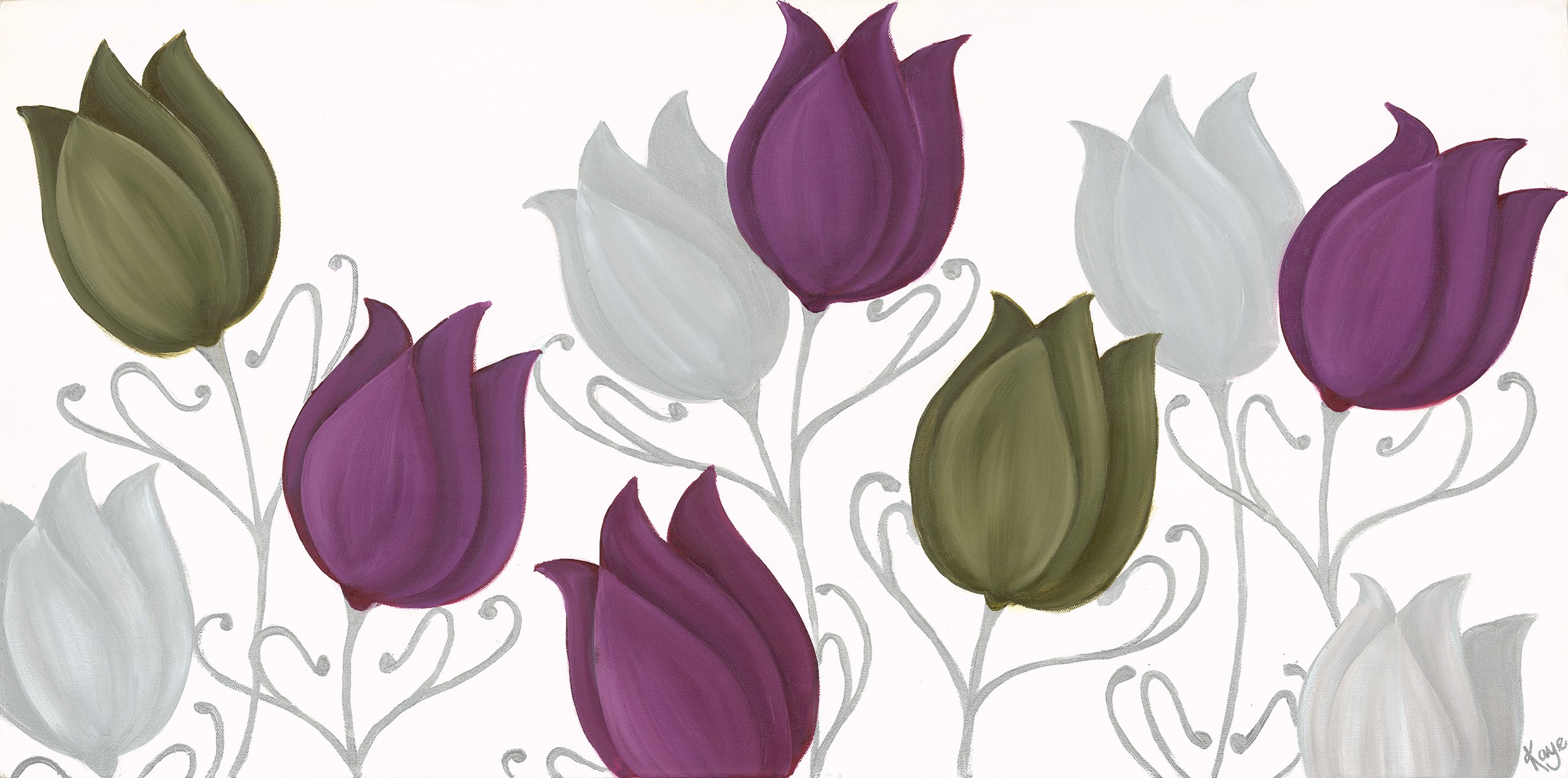 Kaye Lake, Tempting Tulips (Blumen, Blüten, Tulpen,filigran, Wohnzimmer, Wunschgröße, Treppenhaus, Schlafzimmer, Malerei, Zeitgenössisch, violett)