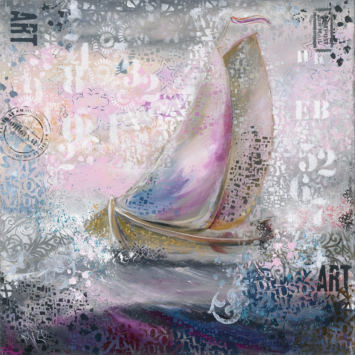 Mizo, Sails in pink (Segel, Segelboot, Wellen, Meer, Meeresbrise, Pop, moderne Malerei, zeitgenössisch, Wunschgröße, Jugendzimmer, Wohnzimmer, Malerei)