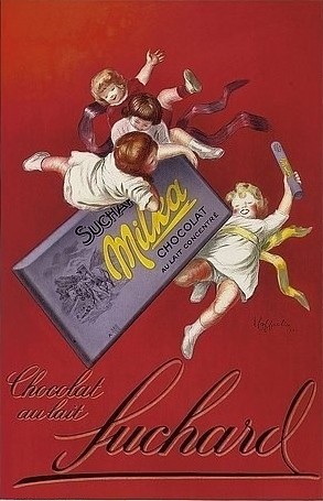 Leonetto Cappiello, Werbung für die Schokolade 'Milka' der Firma Suchard. 1925. (Werbung, Milka, Schokolade, Suchard, Kinder, Tafel, Süßigkeit, Bistro, Küche, Bar, Treppenhaus, Wohnzimmer, Plakatkunst, Farblithographie, Grafik, Nostalgie, Wunschgröße, bunt)