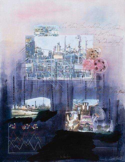 Hewitt Annabel Industry (Monotypie, handsigniert) (Industrie, Fabrik, Manufaktur, Produktion, Parabolantennen, Erdfunkanlage, abstrahiert, modern, Collage, evokativ, Grafik, Wohnzimmer, Büro, Original, bunt)