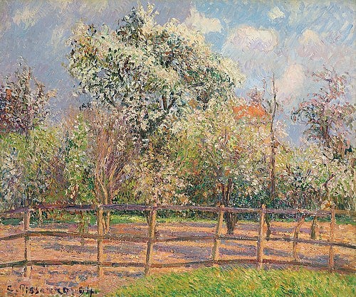 Camille Pissarro, Blühende Birnbäume, Eragny (Poiriers en fleur, Eragny). 1894 (Landschaft,Impressionismus,19. Jahrhundert,Pissarro,Camille,1830-1903,Öl auf Leinwand,Christie's Images Ltd,Camille Pissarro,Birnenblüte,1894,Blüte,blühen,Frühling,Obstbäume,Obstgarten,Eragny,Zaun,Birnbaum,Birnenbaum,Birnenbäume,Birnbäume,Bäume,heiter, fr)