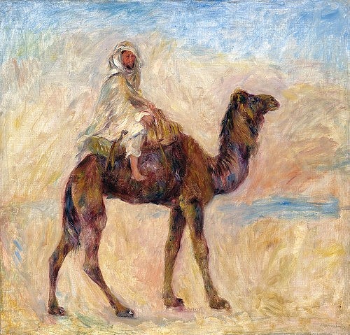 Pierre-Auguste Renoir, Auf dem Rücken eines Kamels (A Dos de Chameau). 1881 (Gemalt in Algier, während Renoirs erster Reise nach Algerien.) (Algerien, Kamel, Wüste, Hitze, Reise, Reiter, Mann, Orient, Impressionismus, klassische Moderne, Wunschgröße, Wohnzimmer, Malerei)