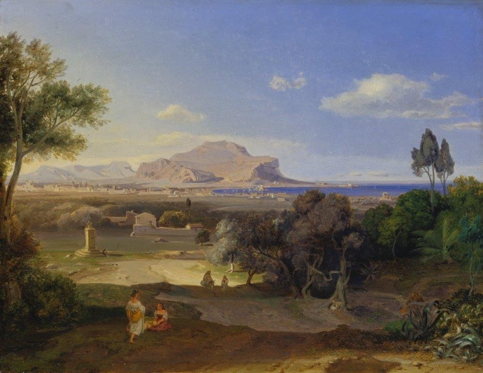 Carl Rottmann, Palermo mit Monte Pellegrini. 1832. (Landschaftsmalerei, Italien, Sizilien, Ruinen, Stadt, Archäologie, mythisch, episch, heroisch, Antike, Malerei, Romantik, Klassiker, Wunschgröße, Wohnzimmer, bunt)