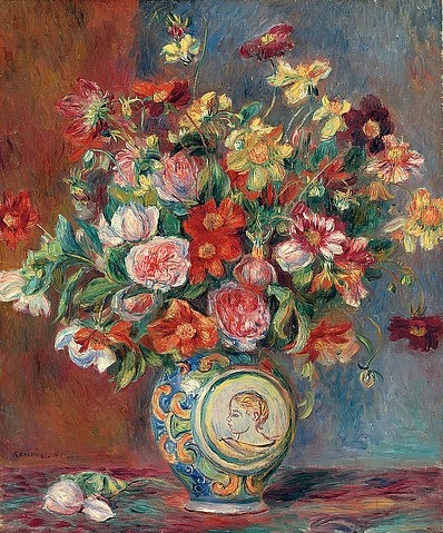 Pierre-Auguste Renoir, Blumenvase (Vase de fleurs). 1881 (Stillleben, Blumen, Blumenstrauß, Blumenvase, Sommer, Sommerblumen, Impressionismus, klassische Moderne, Wunschgröße, Wohnzimmer, Esszimmer, Malerei)