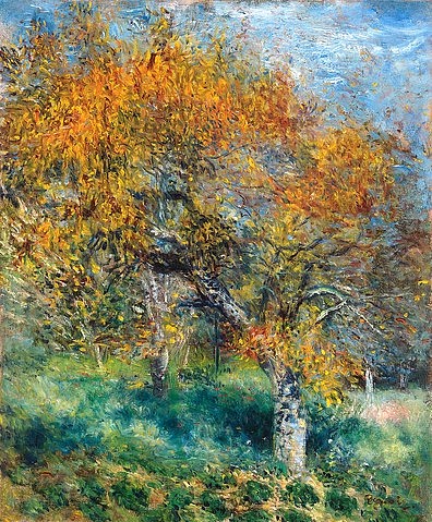 Pierre-Auguste Renoir, Der Birnbaum (Le Poirier). Um 1870 (Garten, Natur, Bäume, Birnbäume, Obstbaum, Herbst, Jahreszeit, Laub, ländlich, Impressionismus, klassische Moderne, Wunschgröße, Wohnzimmer, Malerei)