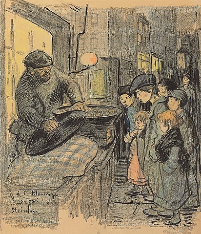 Théophile-Alexandre Steinlen, Esskastanienverkäufer (Vendeur de châtaignes). (Art Nouveau, Jugendstil, Abendszene, Kinder, Esskastanien, Maronenverkäufer, Straßenszene, Stadt, Wohnzimmer, Treppenhaus, Wunschgröße, bunt)