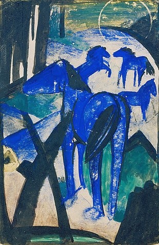 Franz Marc, Die Mutterstute der blauen Pferde I., 1913 (Postkarte an Else Lasker-Schüler) (München,Pinakothek der Moderne,Marc,Franz,1880-1916,Mischtechnik,Pferde,Marc, Franz 1880-1916, Bayerische Staatsgemäldesammlungen)